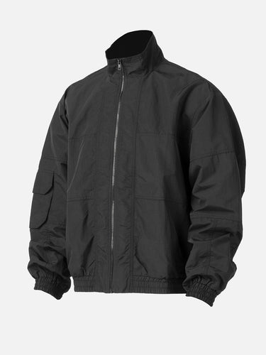 Black Oversized Parachute Jacket, 45-degree side view on a mannequin