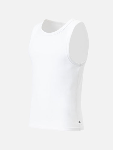 White Ribbed Tank, 45-degree side view on a mannequin