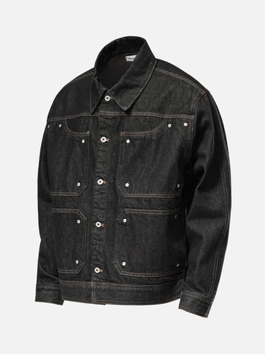 Black Rivet Denim Jacket, 45-degree side view on a mannequin