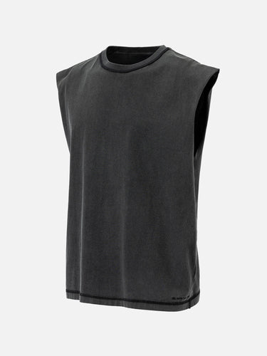 Washed Black Sleeveless T-Shirt, 45-degree side view on a mannequin