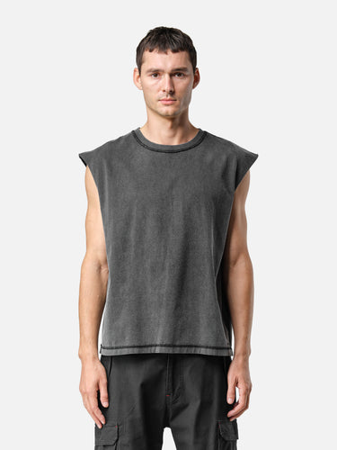 Washed Black Sleeveless T-Shirt, front half-body on model