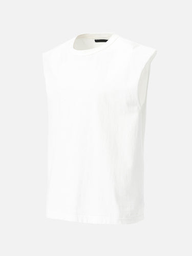 White Sleeveless T-Shirt, 45-degree side view on a mannequin