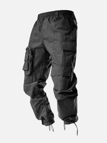 Black T27 Cargo Pants, 45-degree bent-leg side view
