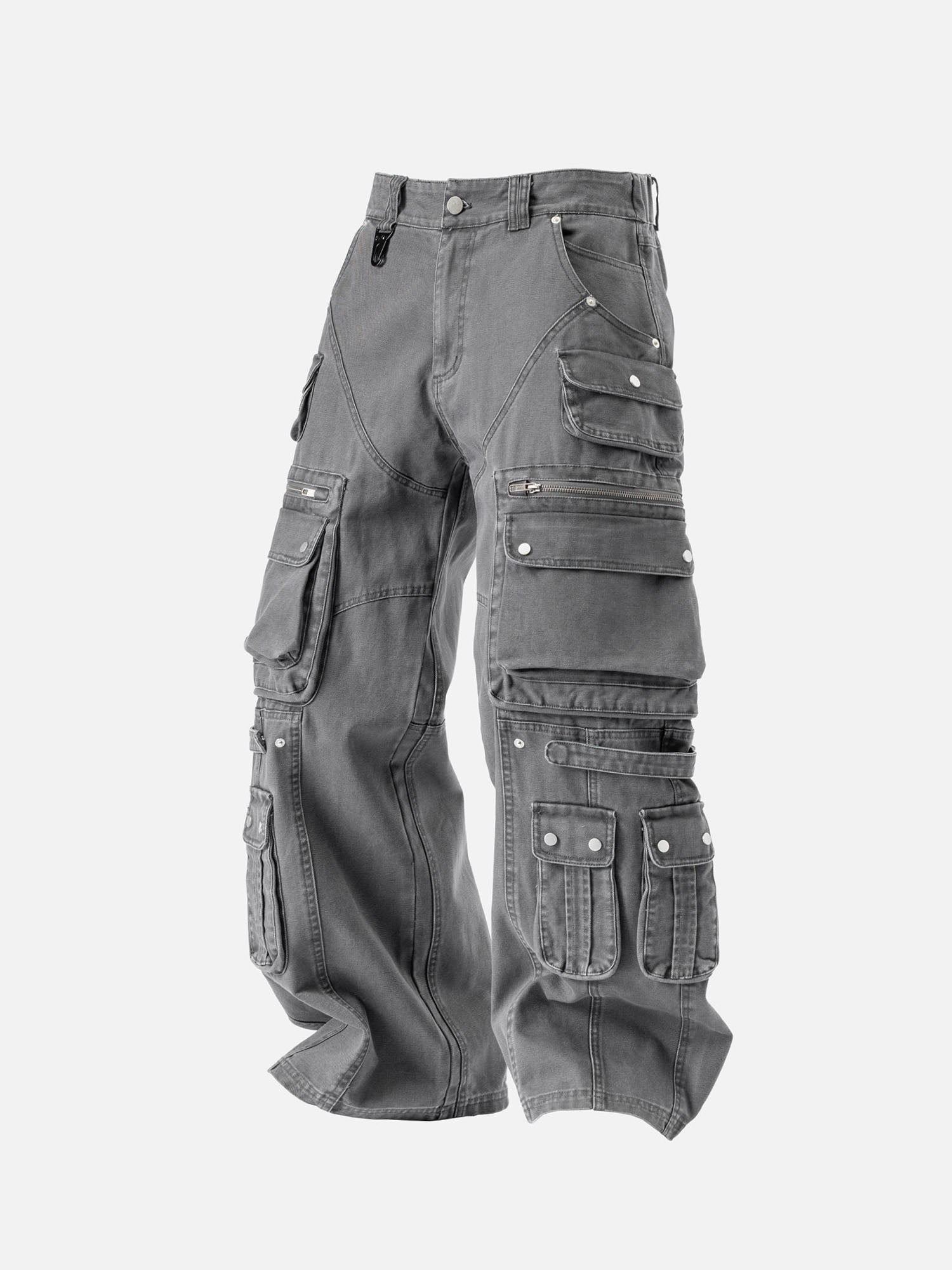 Grey cargo pants featuring multiple large cargo pockets, zippers, and snap-button details, with a relaxed, streetwear style.