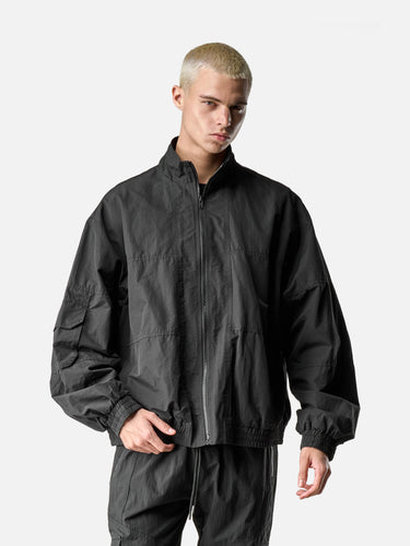 Black Oversized Parachute Jacket, casual half-body pose on model