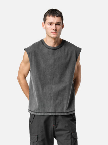 Washed Black Sleeveless T-Shirt, casual half-body pose on model