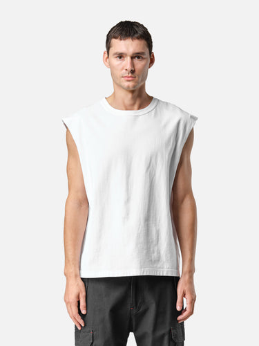 White Sleeveless T-Shirt, front half-body on model