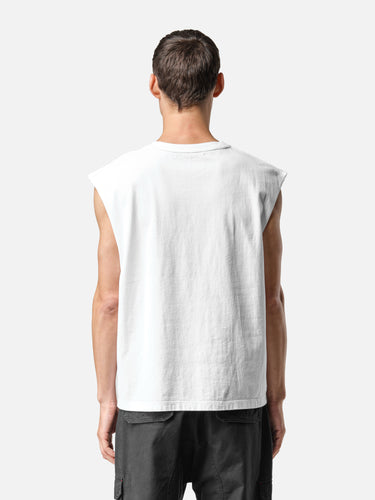 White Sleeveless T-Shirt, back half-body on model