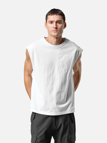 White Sleeveless T-Shirt, casual half-body pose on model